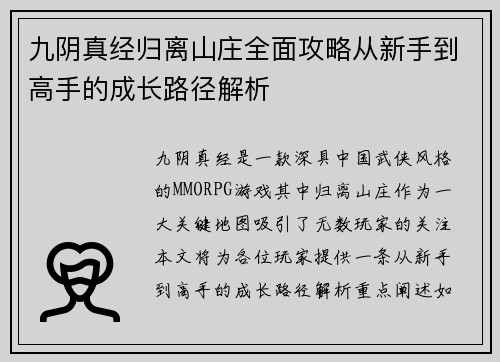 九阴真经归离山庄全面攻略从新手到高手的成长路径解析